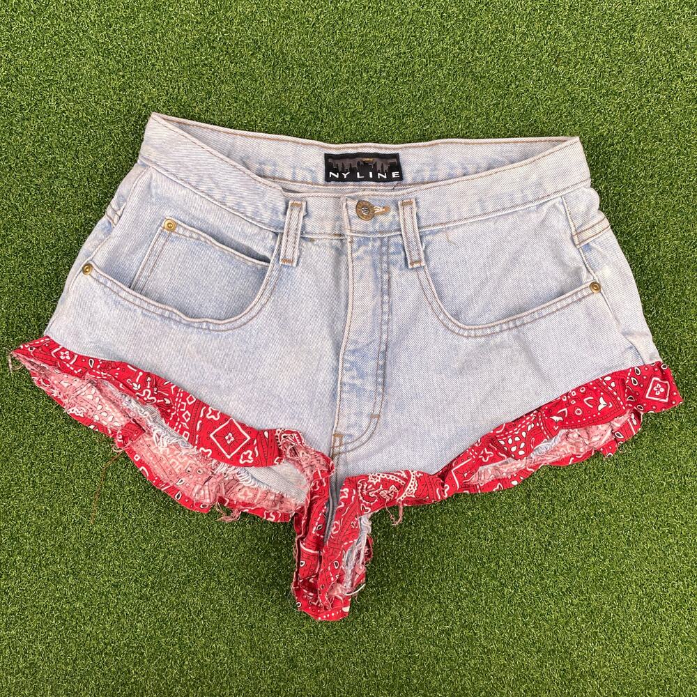 Vintage 90s NY Line Light Wash Denim Bandana Trim Micro Jean Slouch Shorts Sz M